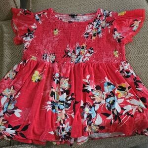 Torrid Red and Black Floral Blouse with Ruffled Details